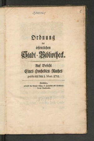 Ordnung der öffentlichen Stadt-Bibliotheck