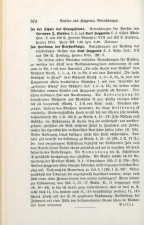 574 [Rezension] Cladder, Hermann J., In der Schule des Evangeliums, 1. und 2. Band