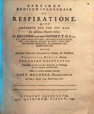 Specimen med. inaug. de respiratione