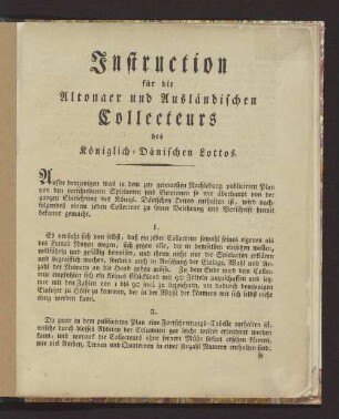 Instruction für die Altonaer und Ausländischen Collecteurs des Königlich-Dänischen Lottos