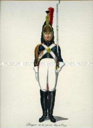 Uniformdarstellung, Dragoner des Dragoner-Regiments der Kaiserlichen Garde, Frankreich, 1810. Tafel 4 aus: Les Gardes Imperiales et Royales de l'Armée Française.