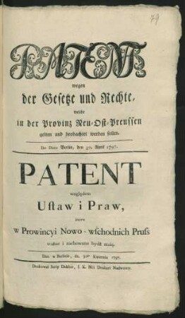 Patent, wegen der Gesetze und Rechte, welche in der Provinz Neu-Ost-Preussen gelten und beobachtet werden sollen : De Dato Berlin, den 30. April 1797