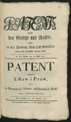 Patent, wegen der Gesetze und Rechte, welche in der Provinz Neu-Ost-Preussen gelten und beobachtet werden sollen : De Dato Berlin, den 30. April 1797