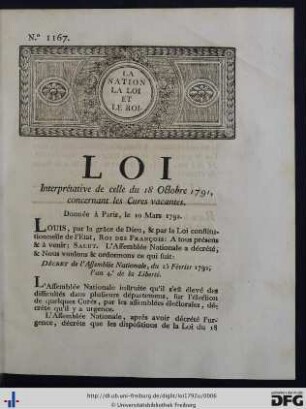 Loi Interprétative de celle du 18 Octobre 1791, concernant les Cures vacantes.