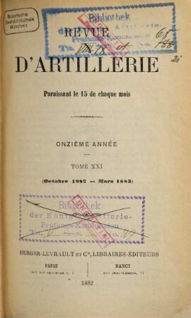 Revue d'artillerie, 21. 1882/83 = Année 11