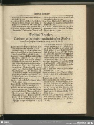 Drittes Register, Darinnen enthalten die merckwürdigsten Sachen und fürnehmsten Materien, nach dem A. B. C