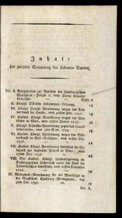 Inhalt der zweyten Sammlung des siebenten Bandes