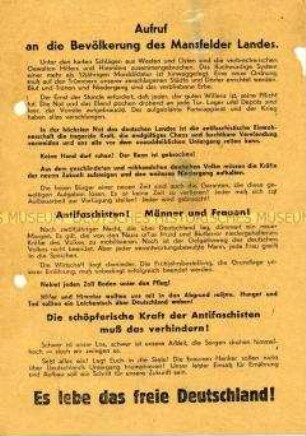 Aufruf an die Bevölkerung des Mansfelder Landes zum Wiederaufbau und zur Frühjahrsbestellung 1946