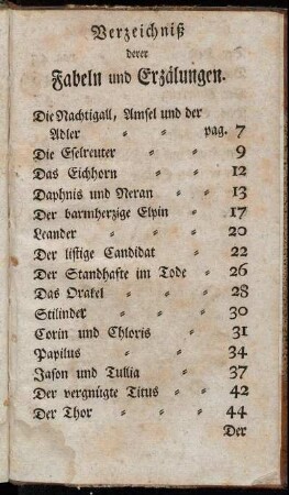 Verzeichniß derer Fabeln und Erzählungen.