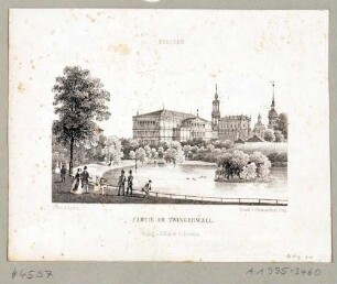 Blick über den Zwingerteich nach Nordosten auf die erste Semperoper, die Katholische Hofkirche (Kathedrale) und die Türme von Frauenkirche und Schloss