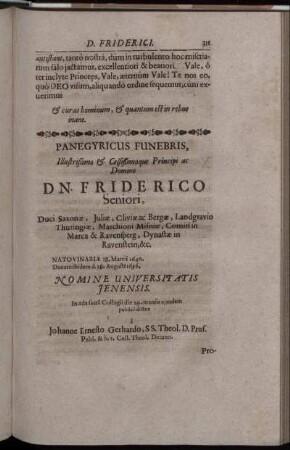 Panegyricus Funebris, Illustrissimo & Celsissimoque Principi ac Domino Dn. Friderico Seniori, Duci Saxonӕ [...]