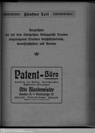 Fünfter Teil. Handelsregister. Genossenschaftsregister. Vereinsregister : Verzeichnis der bei dem königlichen Amtsgericht Dresden eingetragenen Dresdner Geschäftsbetriebe, Genossenschaften und Vereine