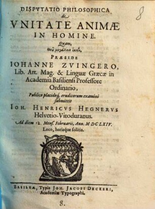 Disp. philos. de unitate animae in homine