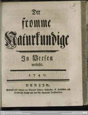 Der fromme Naturkundige : In Versen verfasset