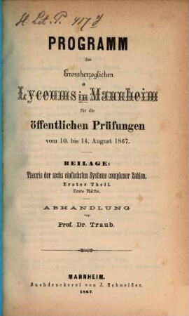 Programm des Grossherzoglichen Lyceums zu Mannheim. 1867