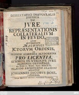 Dissertatio Inavgvralis Jvridica De Jvre Repræsentationis Collateralivm In Fevdo