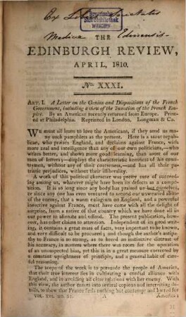 The Edinburgh review, or critical journal. 16. 1810