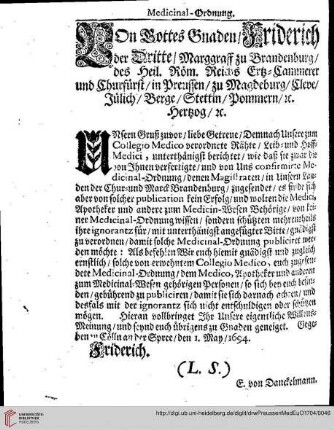 Von Gottes Gnaden/ Friderich der Dritte/Marggraff zu Brandenburg/...