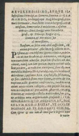 Reverendissiomo ... Domino Sigismundo, Archiepiscopo Magdeburgensi, Primati Germaniae, Marchioni Brandeburgensi ... suo clementißimo.
