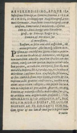 Reverendissiomo ... Domino Sigismundo, Archiepiscopo Magdeburgensi, Primati Germaniae, Marchioni Brandeburgensi ... suo clementißimo.