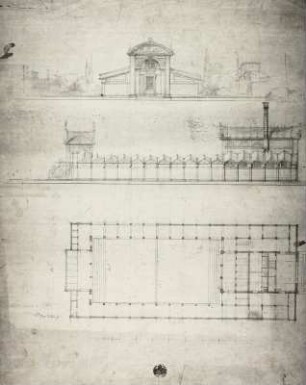 London, Entwurf für eine Badeanstalt: Grundriß und 2 Aufrisse