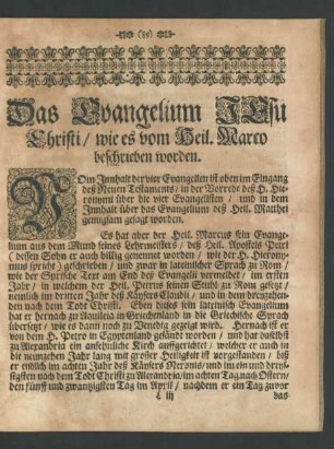 Das Evangelium JEsu Christi / wie es vom Heil. Marco beschrieben worden