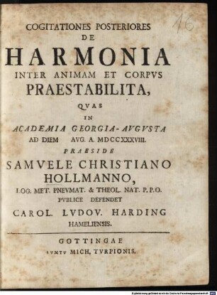 Cogitationes Posteriores De Harmonia Inter Animam Et Corpus Praestabilita