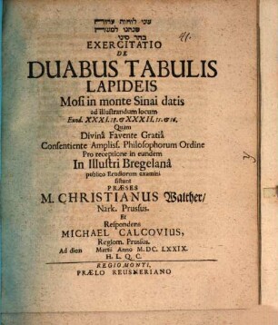 Exercitatio de duabus tabulis lapideis, Mosi in monte Sinai datis