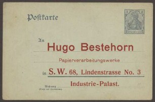 Bestellkarte Papierverarbeitungswerke "Hugo Bestehorn", Lindenstraße 3