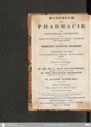 Bd. 2. Welcher die pharmaceutische Mineralogie, Botanik und Zoologie enthält 1: Pharmaceutische Mineralogie : mit 2 Taf.