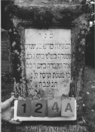 Grabstein 124 (Index: 99800070) Material: Sandstein, Schriftplatte Marmor Zustand: verwittert Maße HxBxT: 168x55x25 cm Beschreibung: Stele, Giebel mit Verdachung, rechteckige eingelassene Schriftplatte, getreppter Sockel Symbolik: Feston: Grabstein 124A