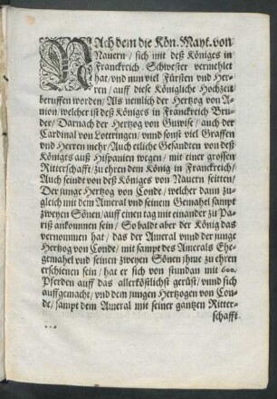 Nach dem die Kön. Mayt. von Nauern/ sich mit deß Königes in Franckreich Schwester vermehlet hat ...