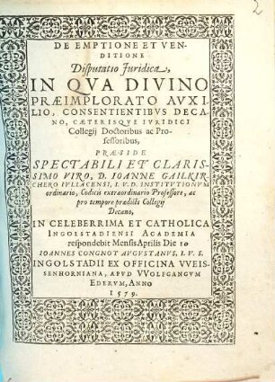 De emptione et venditione disputatio iuridica