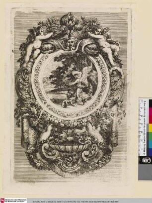 [Entwurf eines Weihwasserbeckens mit einem Gemälde des Tobias mit dem Engel; Bénitier orné d'un médaillon avec l'Ange et le jeune Tobie]