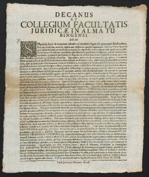 Decanus Et Collegium Facultatis Juridicae In Alma Tubingensi Lect. Sal.