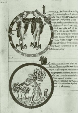Illumination eines Lehrbuchs der Astronomie: :Schriftspiegel und Medaillons mit Tierkreiszeichen Zwillinge und Monatsbild April mit Holzfäller