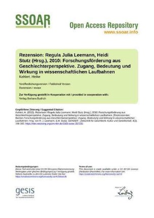 Rezension: Regula Julia Leemann, Heidi Stutz (Hrsg.), 2010: Forschungsförderung aus Geschlechterperspektive. Zugang, Bedeutung und Wirkung in wissenschaftlichen Laufbahnen