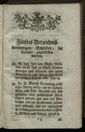 Fünftes Verzeichniß dererjenigen Schriften, die hierinne angetroffen werden.