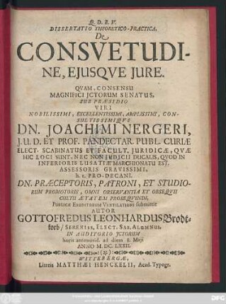Dissertatio Theoretico-Practica, De Consuetudine, Eiusque Iure