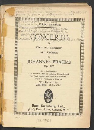 Concerto for violin and violoncello with orchestra : op. 102
