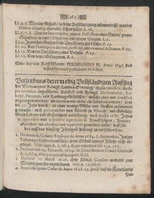 Verzeichnus derer in obig Vollständigen Außzug der Verneuerten Königl: Landes-Ordnung ...