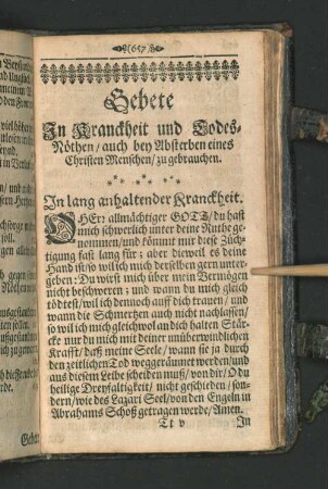 Gebete In Kranckheit und Todes- Nöthen / auch bey ...