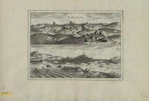 Ansichten von Marchena und Osuna,Spanien, Kupferstich, um 1593 : Marchena / G. Hoefnagel. [Hrsg: Franz Hogenberg, Georg Braun]. - [Coloniae Agrippiae] :[Auctores] , [um 1593]. - 2 Ansichten auf 1 Bl. : Kupferst. ; Bildgr. 46 x 33 cm +++ Auch ersch. in: Civitates orbis terrarvm