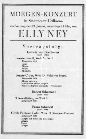 Programmzettel für ein Morgenkonzert im Stadttheater Heilbronn mit der Pianistin Elly Ney
