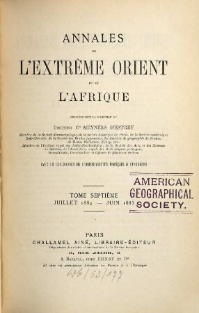 Annales de l'Extrême Orient et de l'Afrique. 7. 1884/85