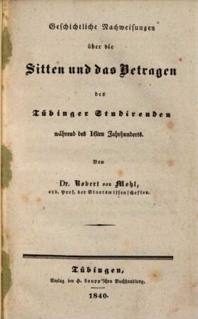 Sitten und Betragen der Tübinger Studirenden während des 16ten Jahrhunderts