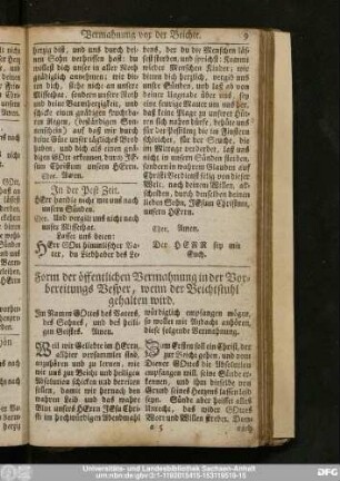 Form der öffentlichen Vermahnung in der Vorbereitungs Vesper, wenn der Beichtstuhl gehalten wird.