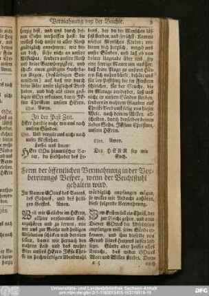 Form der öffentlichen Vermahnung in der Vorbereitungs Vesper, wenn der Beichtstuhl gehalten wird.
