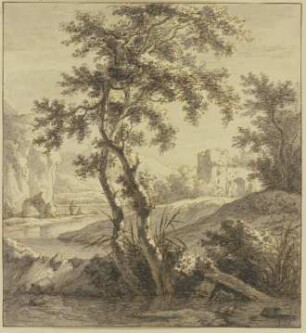 Landschaft, vorne zwei Bäume, rechts eine Ruine, links ein Wasser und Felsen