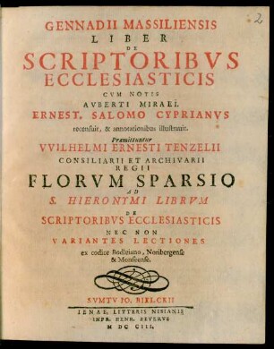 Gennadii Massiliensis Liber De Scriptoribvs Ecclesiasticis